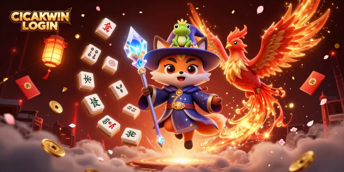 Engage with the thrilling CICAKWIN LOGIN experience through a mystical illustration of a wizard fox, phoenix, and enchanted frog.
