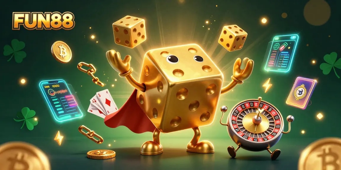 Experience FUN88 with a dynamic, vibrant casino scene showcasing golden dice golems and crypto elements.