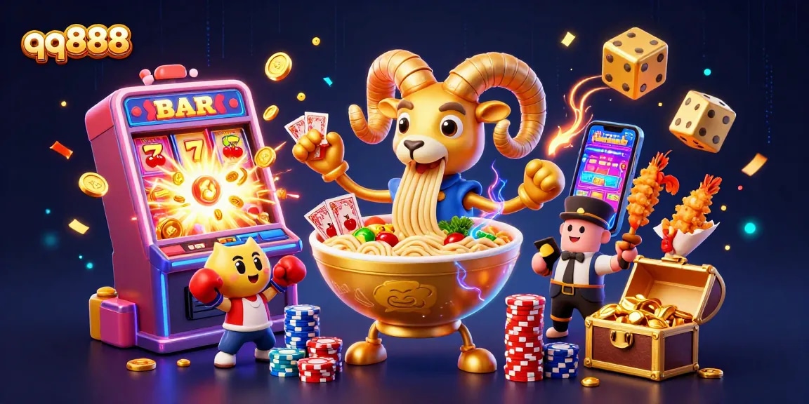qq888 gaming scene featuring a giant ramen bowl dealer, slot machine explosion, and dynamic casino elements