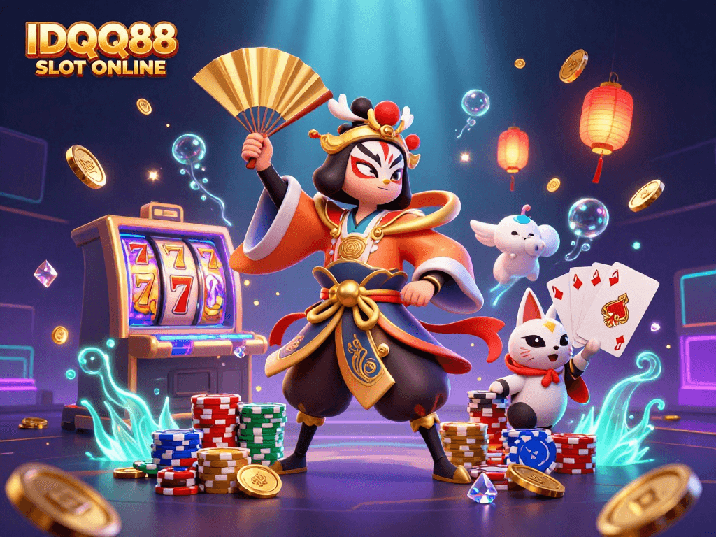 Experience the thrill of IDQQ88 SLOT ONLINE with vibrant characters and dazzling casino elements.