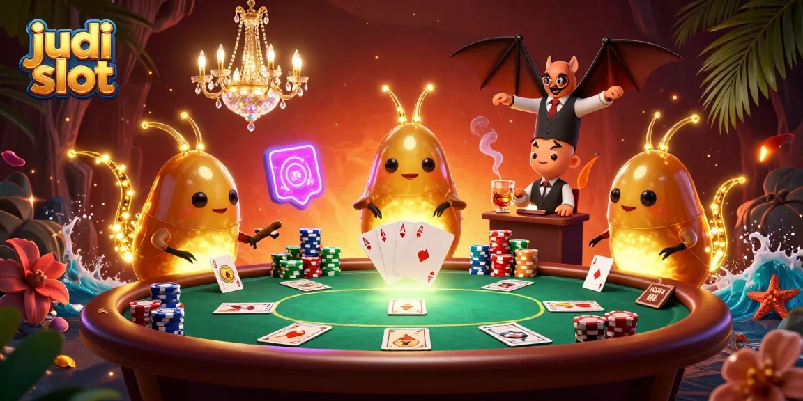 Play judi slot on vibrant casino tables surrounded by colorful poker chips and dynamic elements.