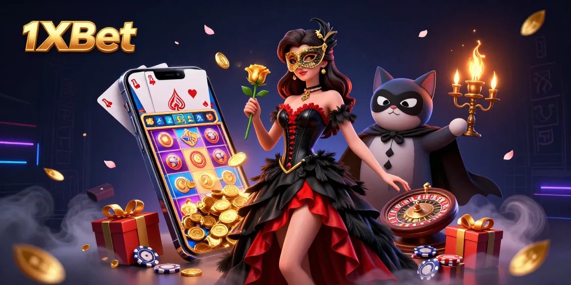 Engage with 1xBet's immersive gaming experience showcasing vibrant slot games and elegant designs.