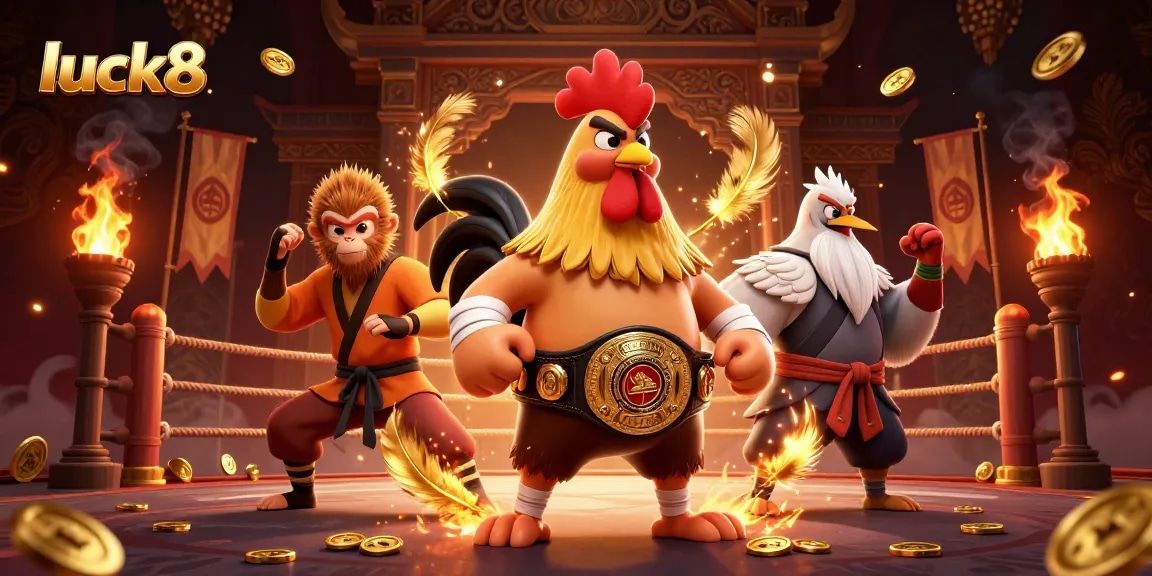 Engage with luck8 in a vibrant casino scene featuring a Muay Thai rooster and martial artist characters.
