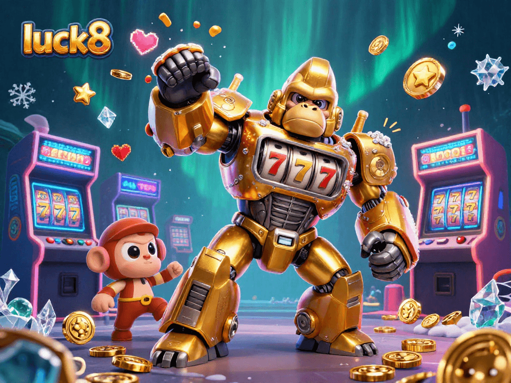 Experience dynamic fun with luck8 as a golden gorilla mech explodes with coins in a vibrant casino-themed scene.