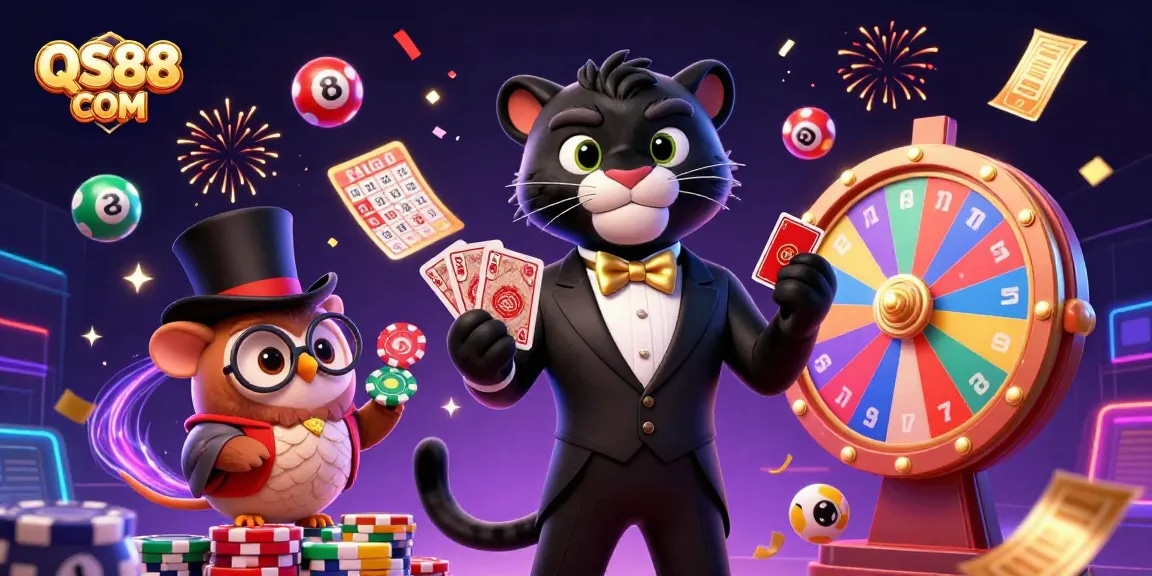 Engage in thrilling games at QS88 COM with a stylish panther, owl, and mouse in this vibrant illustration.