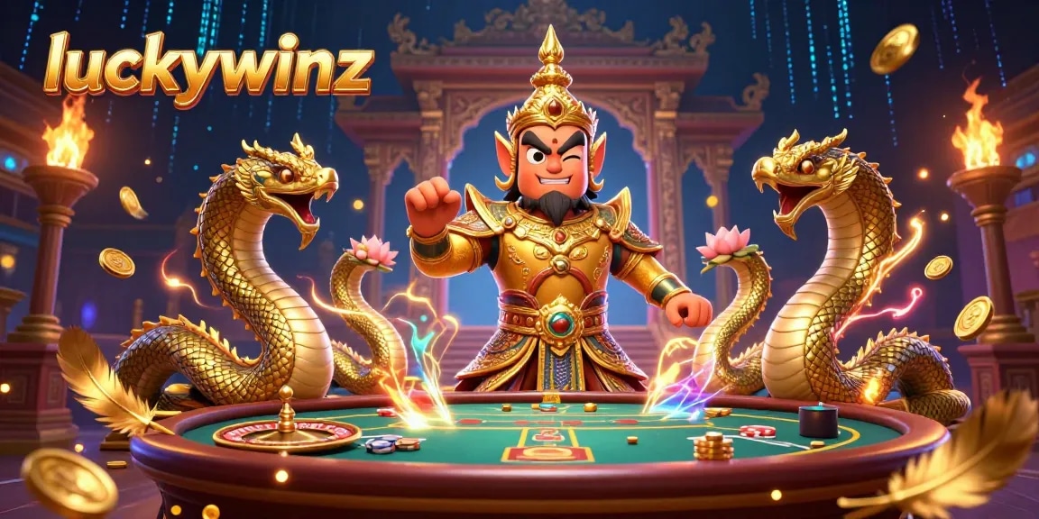 Engage with luckywinz in a vibrant atmosphere filled with poker tables, golden coins, and dynamic characters.