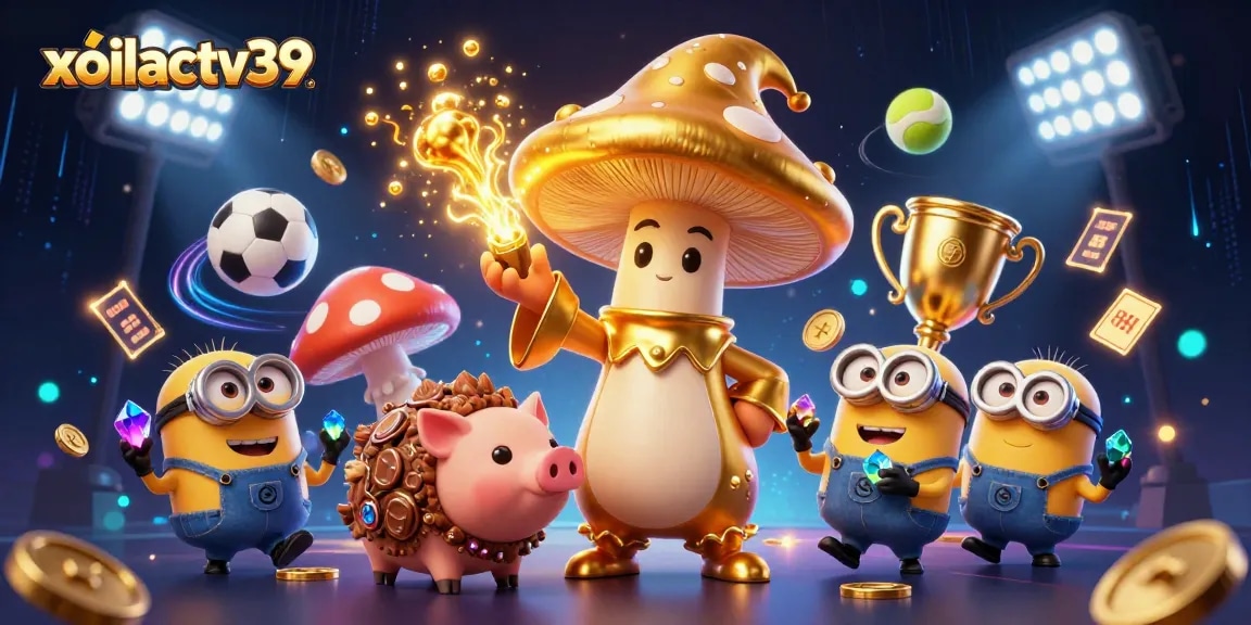 Experience the magic of xoilactv39 with a golden mushroom wizard in a vibrant casino scene.
