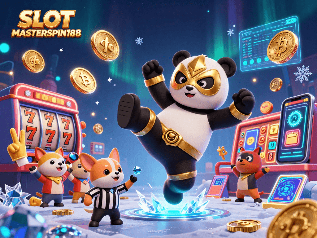 SLOT MASTERSPIN188 features a lively 3D wrestling scene in a casino, showcasing vibrant slot games and cryptocurrencies.