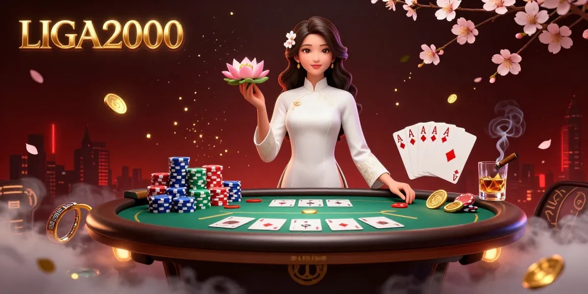 LIGA2000 menampilkan suasana kasino yang berwarna-warni dengan seorang wanita Asia yang stylish, elemen poker, dan aksen emas.