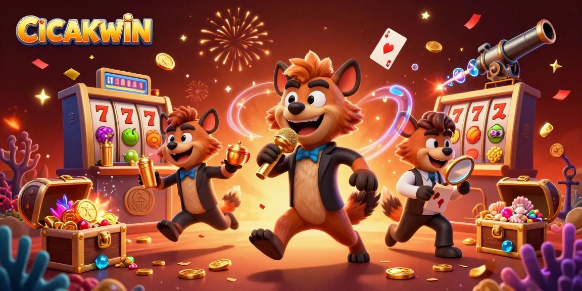 CICAKWIN transforms gaming with vibrant slot reels, hyenas in action-filled casino scene.