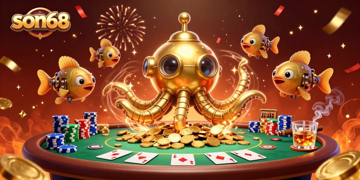 Experience the vibrant excitement of son68 with a 3D kraken submarine and a dynamic poker scene.