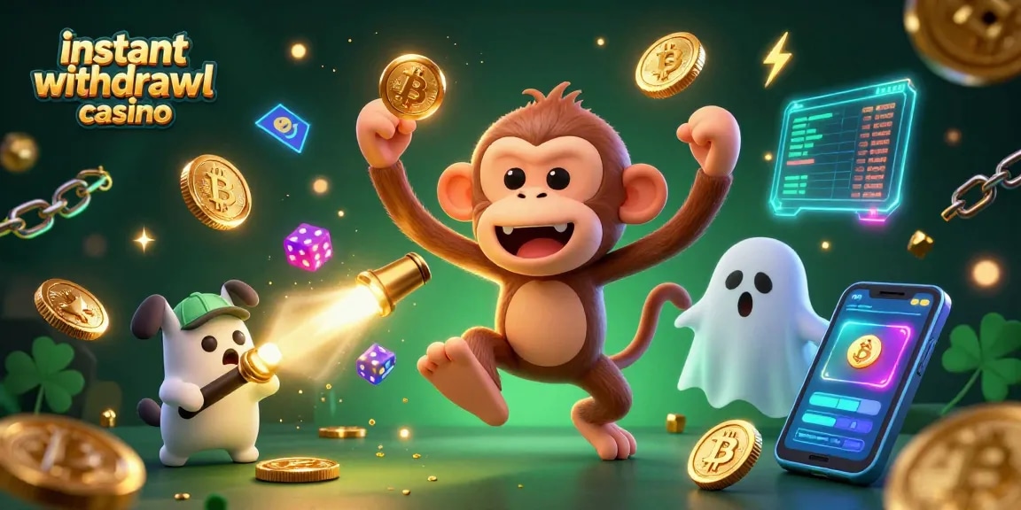 Engaging scene of an instant withdrawal casino, with a playful ghost monkey juggling coins and a curious puppy tracking it.