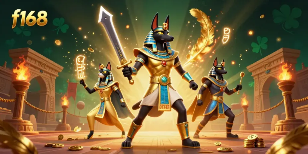 Experience thrilling f168 gameplay with Anubis and Bastet amidst dynamic casino elements.