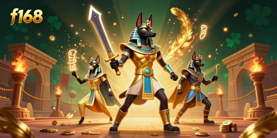 Experience thrilling f168 gameplay with Anubis and Bastet amidst dynamic casino elements.