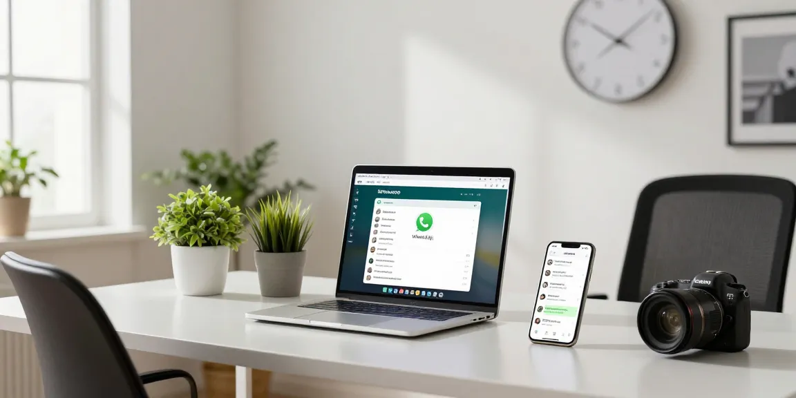 Engaging with WhatsApp網頁版 on a sleek laptop in a modern home office, showcasing productivity and comfort.