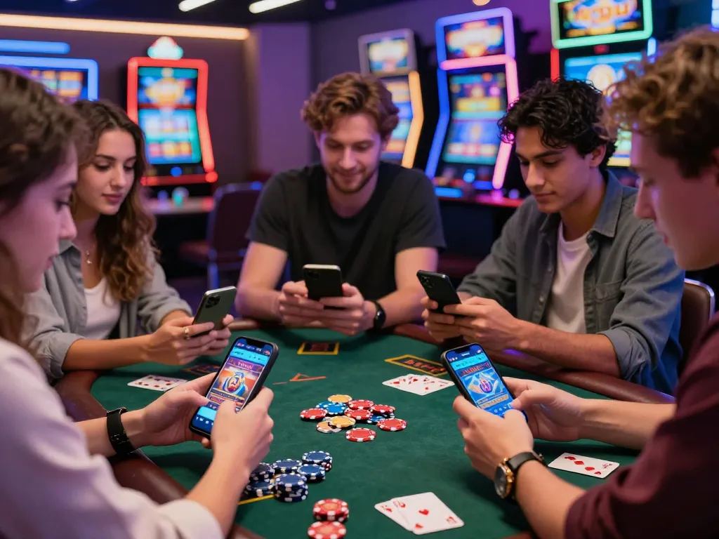 Exciting online gaming scene featuring friends playing MM88 casino games on mobile devices amidst vibrant neon lights.