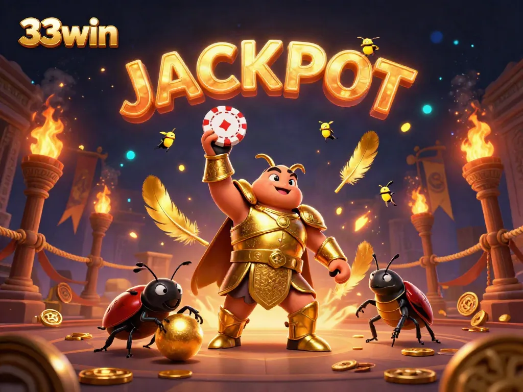 Engage with 33win in an exciting victory scene featuring a cartoon beetle casting a poker chip amid golden elements and fireflies.