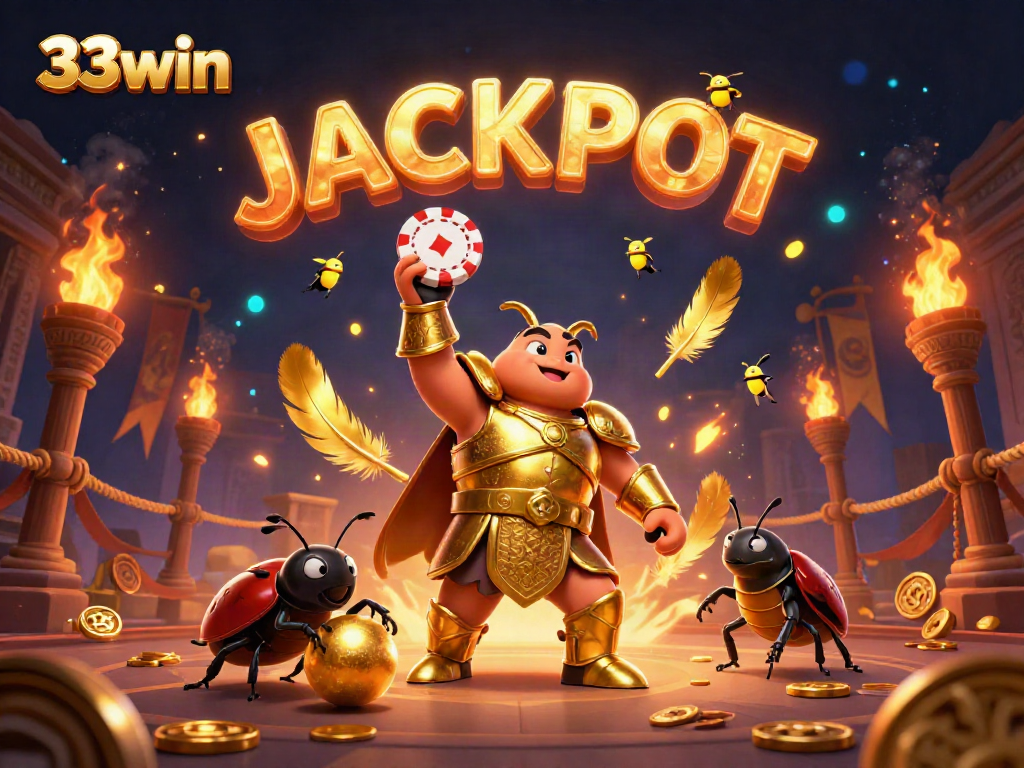 Engage with 33win in an exciting victory scene featuring a cartoon beetle casting a poker chip amid golden elements and fireflies.