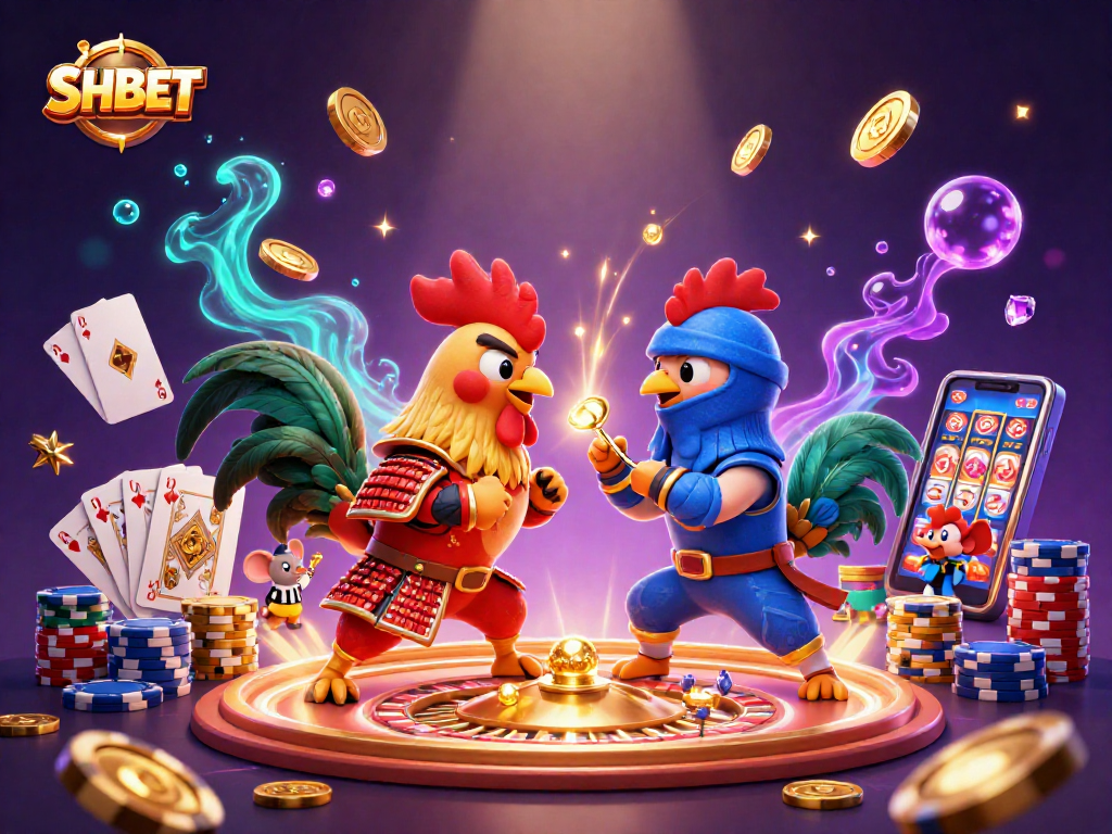 SHBET showcases a thrilling showdown between cartoon roosters in a vibrant casino scene filled with glimmering treasures.