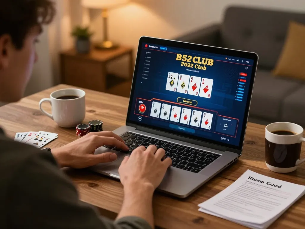 B52 club player engaging in strategic online poker with warm lighting atmosphere