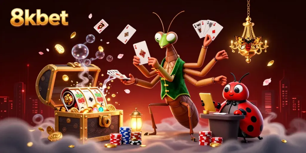 Experience exciting casino action with 8kbet's interactive illustration, featuring a vibrant mantis dealer.