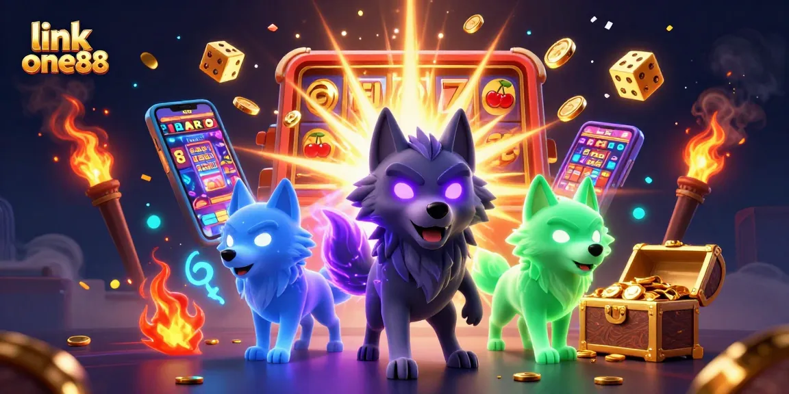 Engage with link one88 through a vibrant casino scene showcasing wolves and casino elements, illuminating winning potential.
