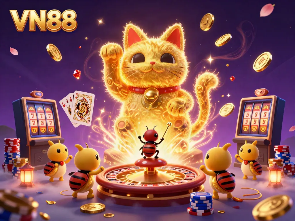 Win big at VN88 with a vibrant, magical lucky cat surrounded by cascading casino symbols.