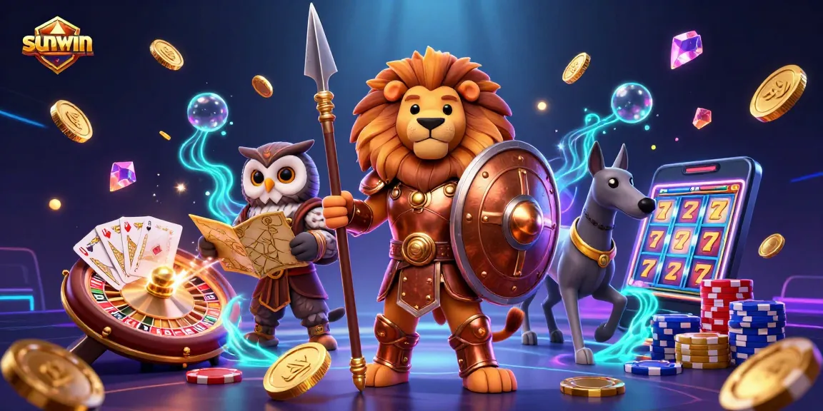Spin to win with sunwin featuring a heroic lion, tactical owl, and swift greyhound in a vibrant casino illustration.