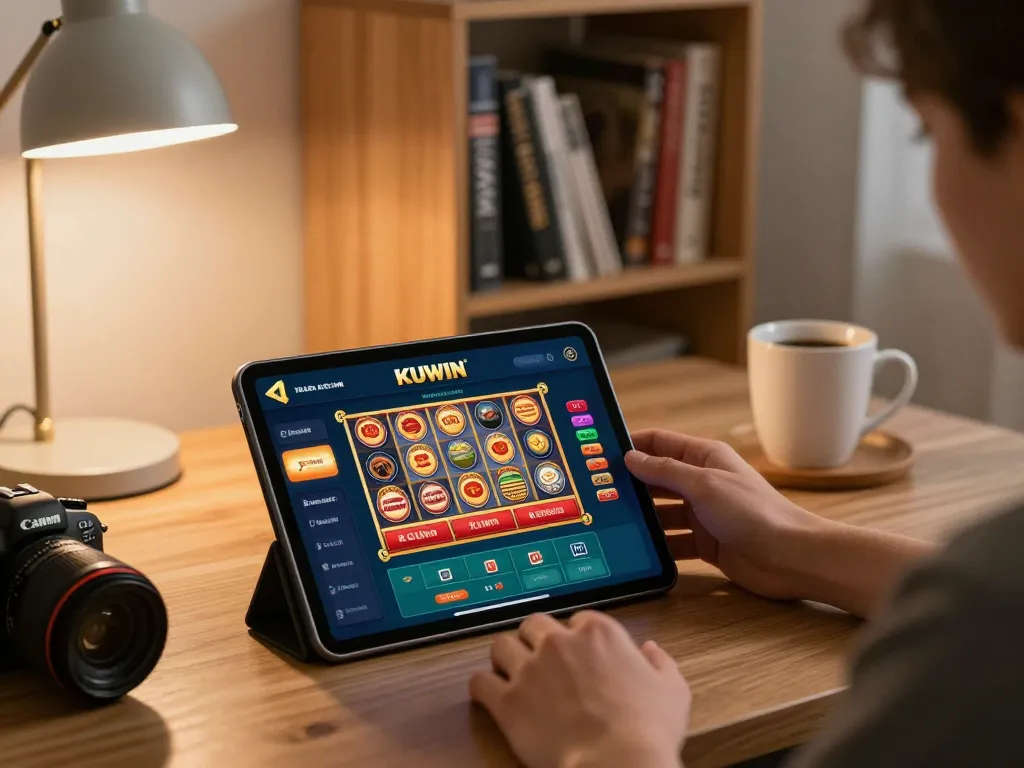 Kuwin co engaging players in a cozy home gaming setup with tablet displaying casino options.