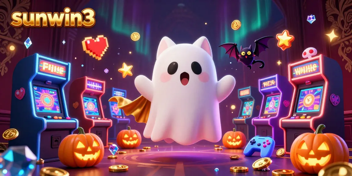 Experience exciting gameplay at sunwin3 with a 3D ghost cat and vampire bat in a haunted casino setting.