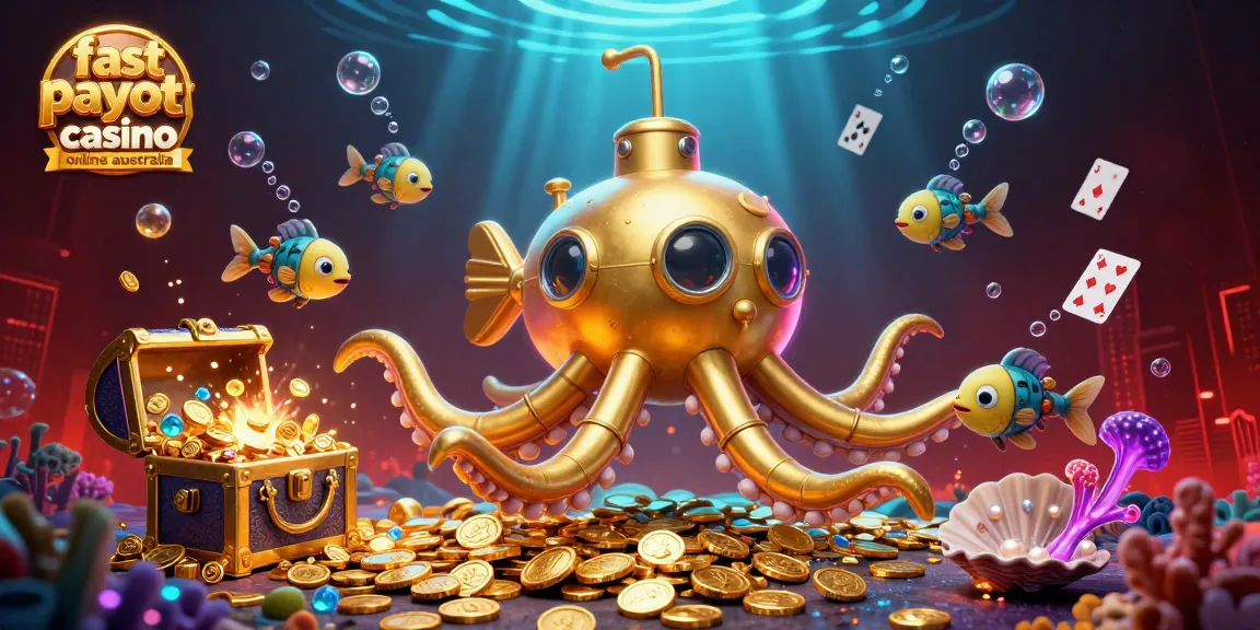 Experience fast payout casino online Australia with a thrilling underwater scene featuring a golden kraken and mechanical fish.