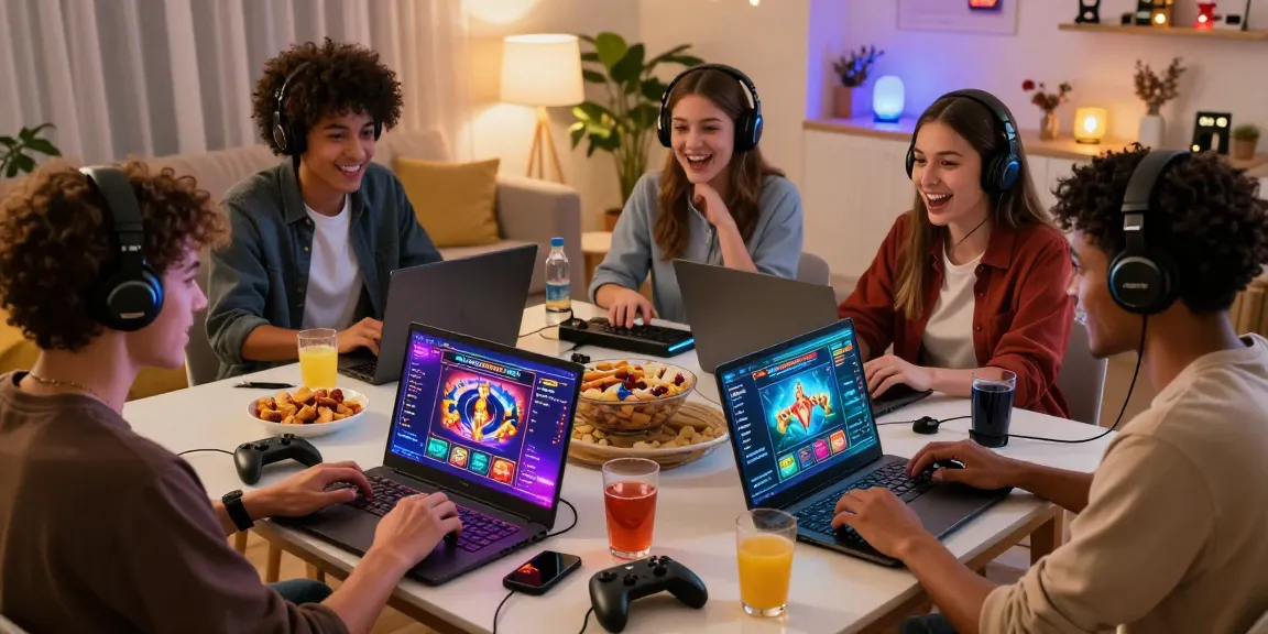 Spielerfreunde genießen einen lebhaften virtuellen Spieleabend in einem Paysafe Card Casino, umgeben von Snacks und Laptops.