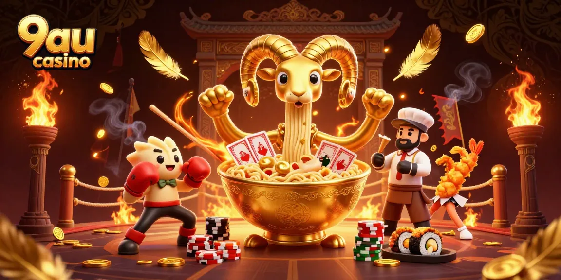 Experience the thrills of 9au casino through a dynamic cartoon scene with exciting gambling elements and vibrant characters.