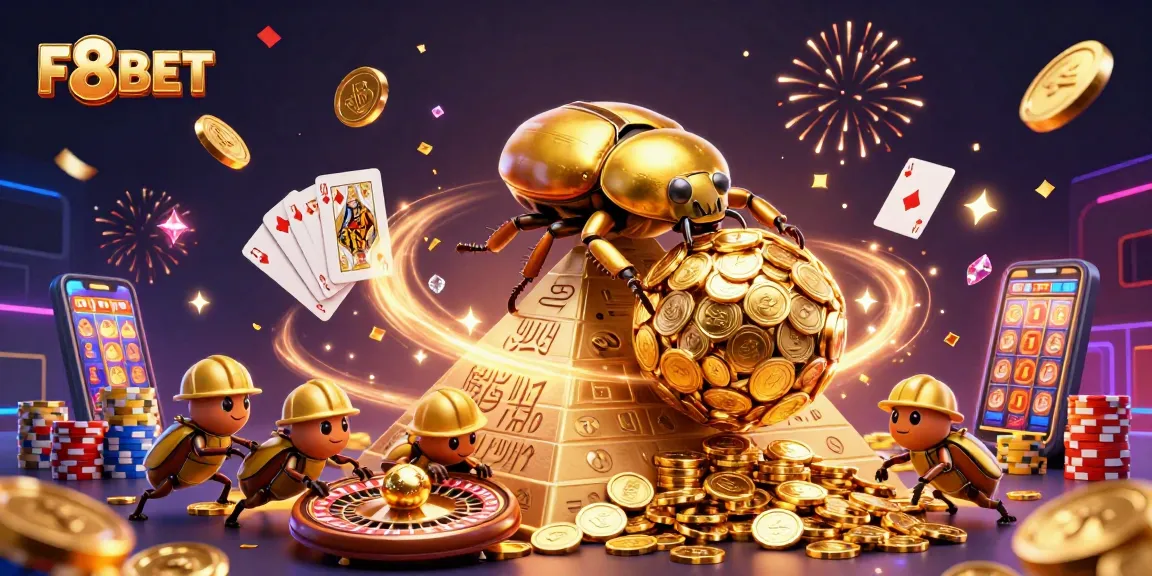 Engage with F8BET as golden coins cascade and beetles roll wealth in this vibrant casino scene.