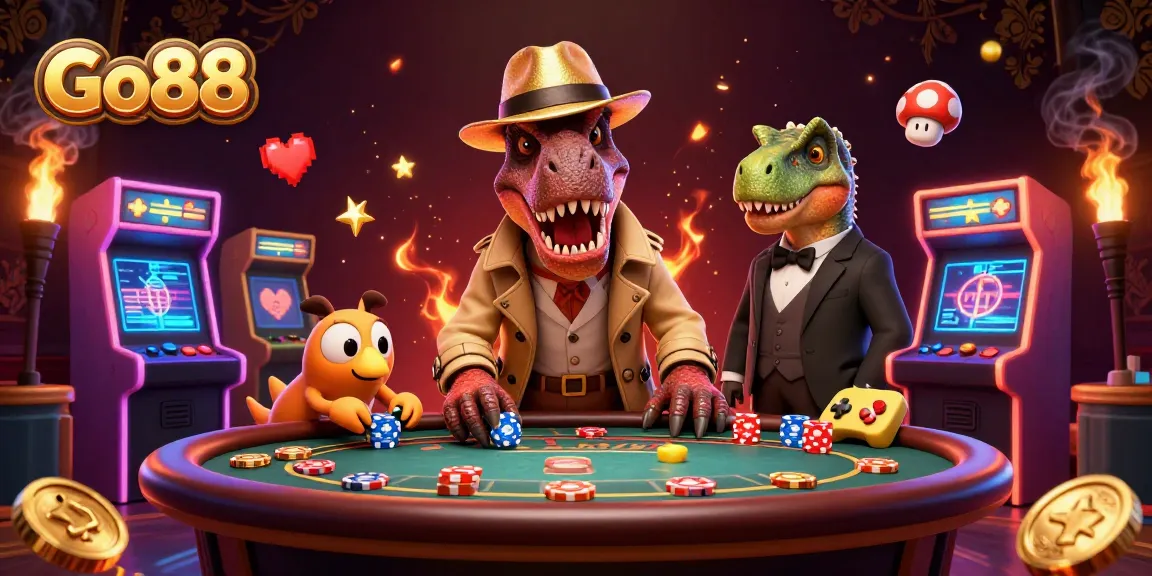 Go88 gambling scene showcasing a velociraptor card counter amid vibrant casino elements.