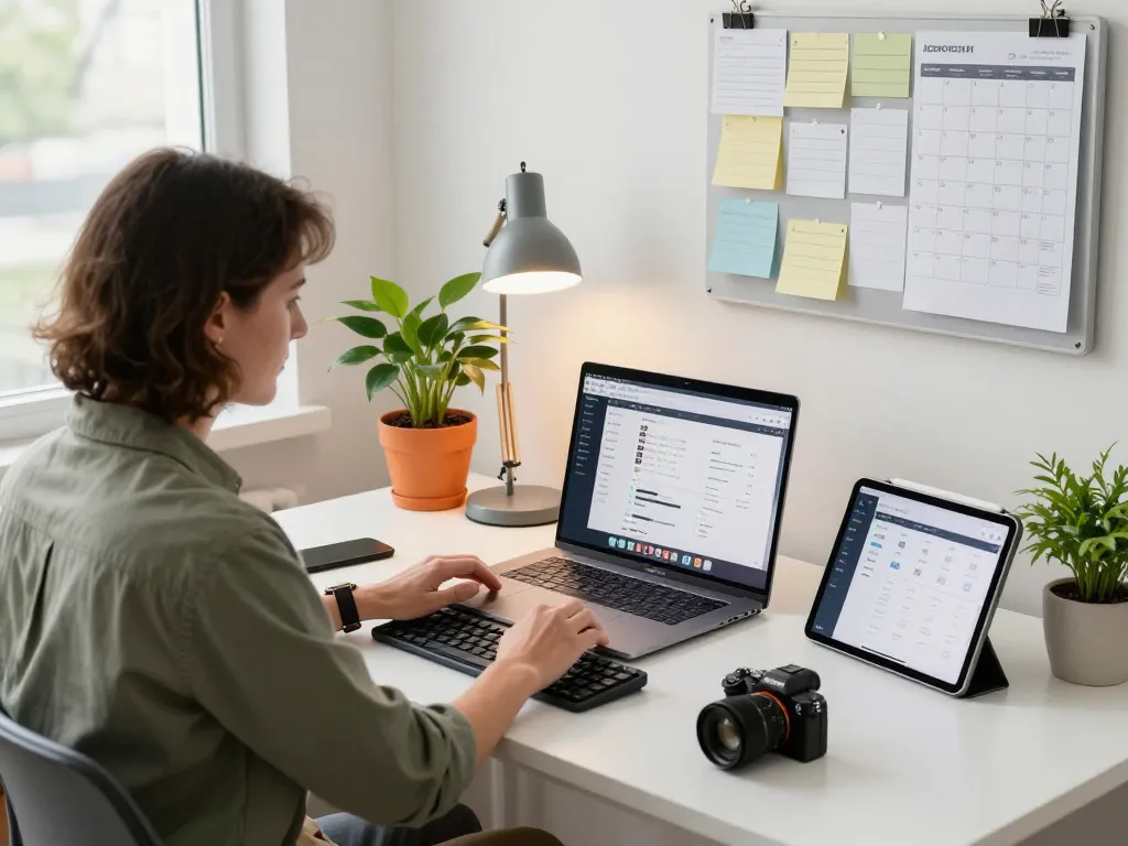 Person using tech gadgets for productivity at a modern workspace, featuring laptop, tablet, and office accessories.