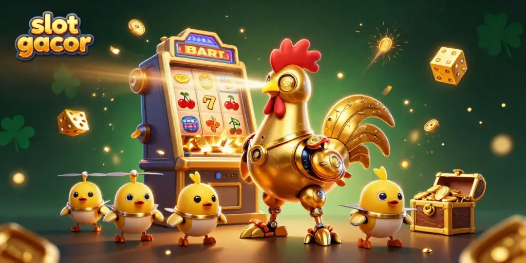 Experience the thrill of slot gacor with our vibrant 3D casino illustration featuring a golden rooster robot.