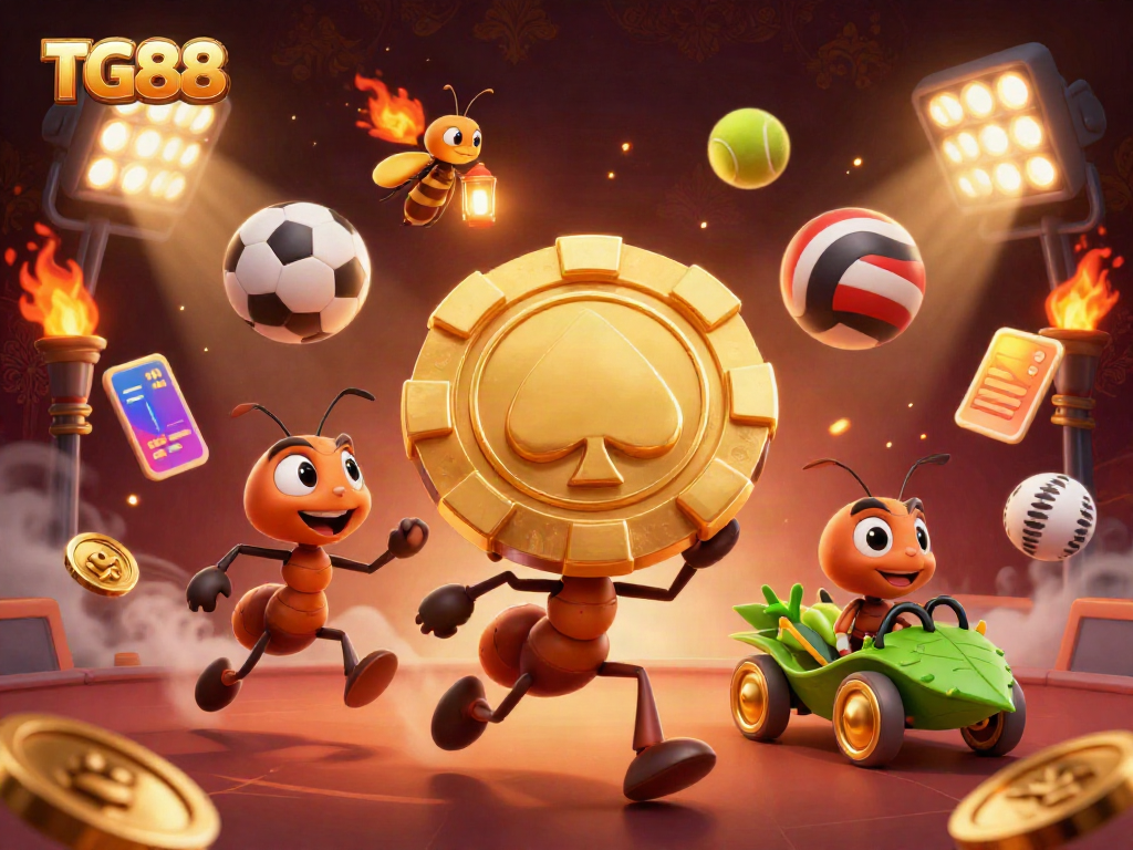 Experience TG88's thrilling casino adventure with 3D ants, sports elements, and golden surprises.