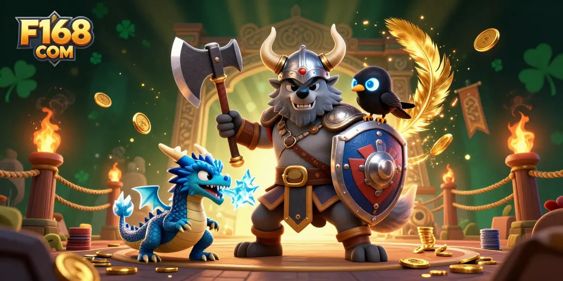 Bet on ultimate excitement with F168 COM's animated Viking warrior and ice-breathing dragon capturing the thrill of online betting.