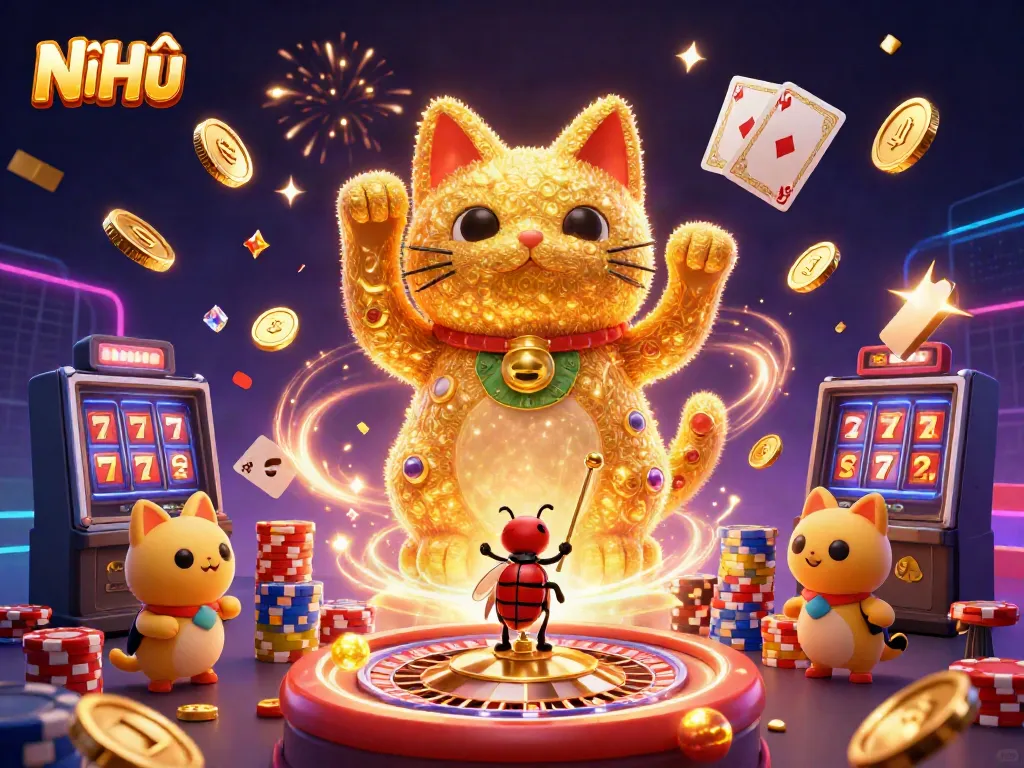 Nổ Hũ game scene showcasing golden fireflies forming a lucky cat with casino symbols, vibrant atmosphere.