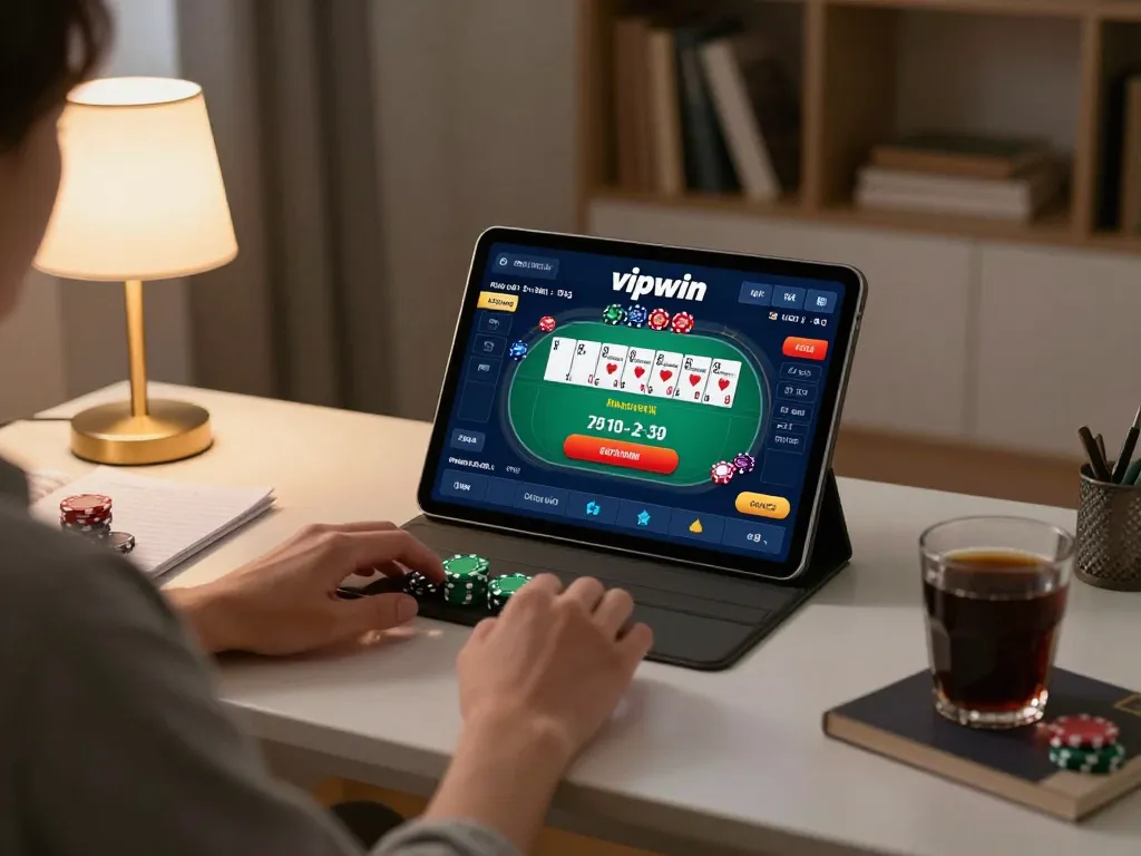 Engaged player using Vipwin app for strategic live betting on a tablet in a cozy home setting.