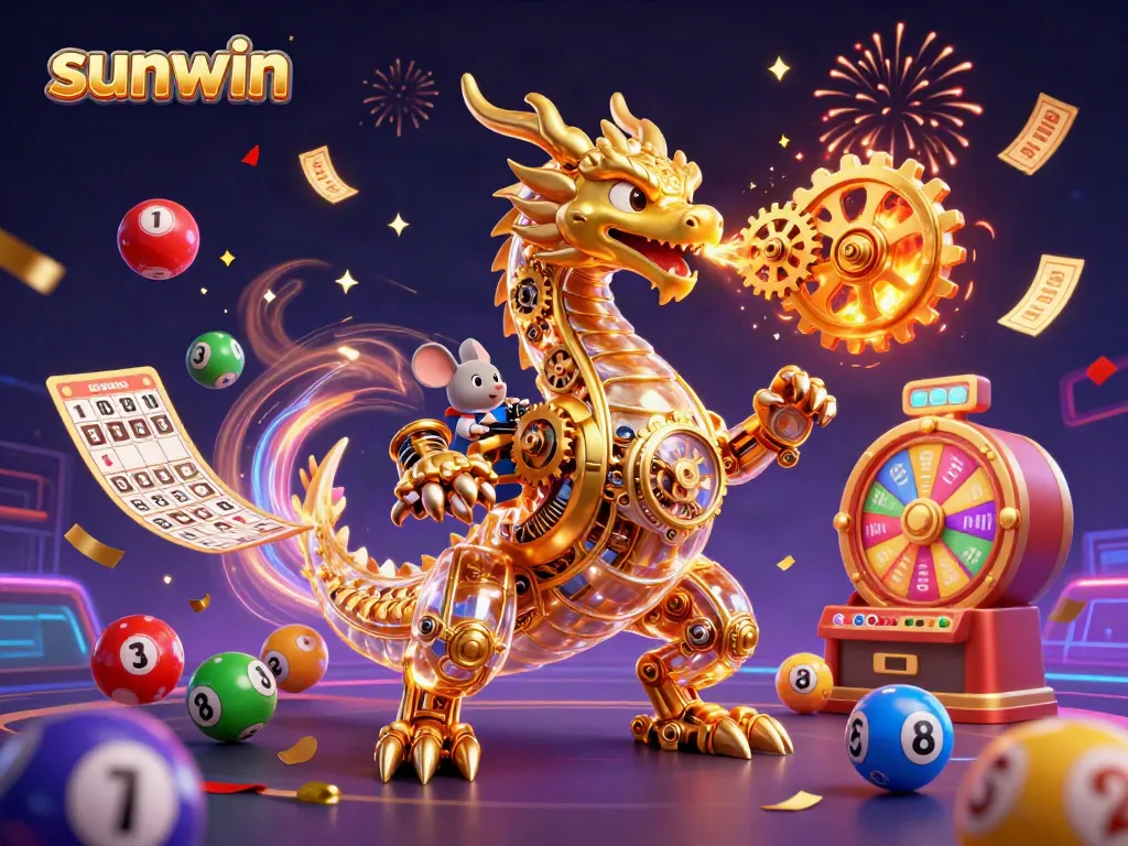 Immerse in the thrilling world of sunwin, as a golden dragon breathes cogs and gears surrounded by vibrant game elements.
