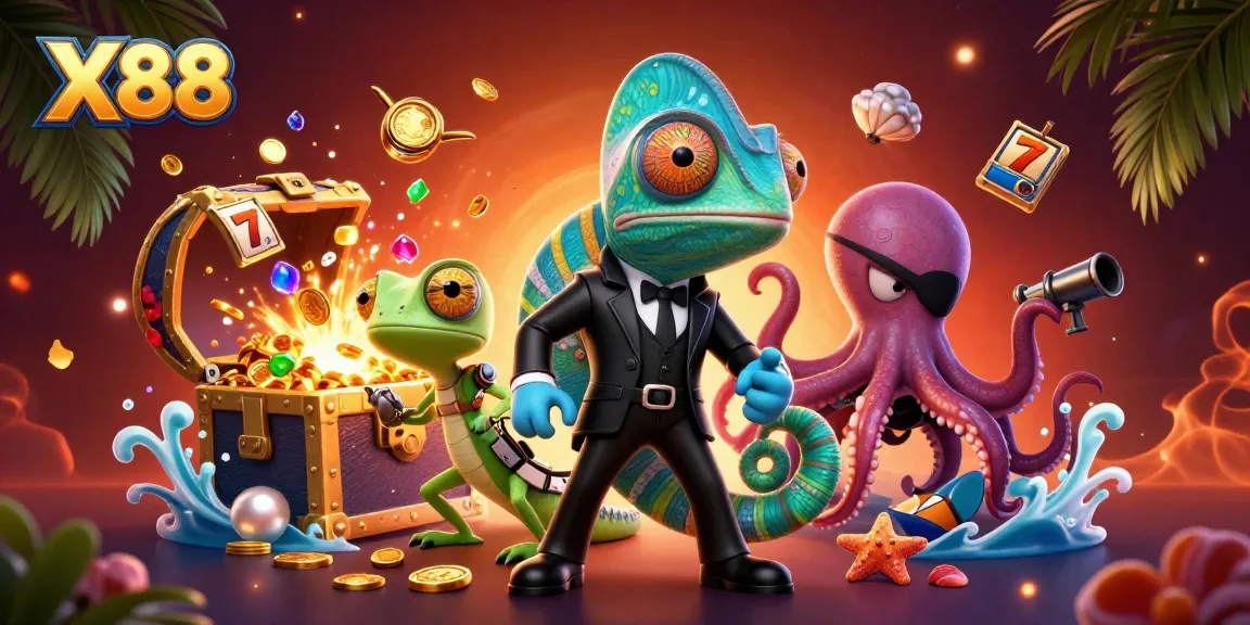 X88 players enjoy explosive jackpot winnings with vibrant cartoon characters and casino elements.