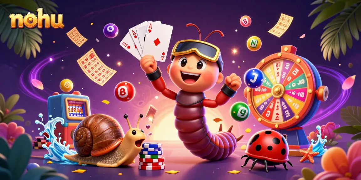 Engage with nohu's vibrant lottery-themed casino illustration packed with dynamic characters and exciting elements.