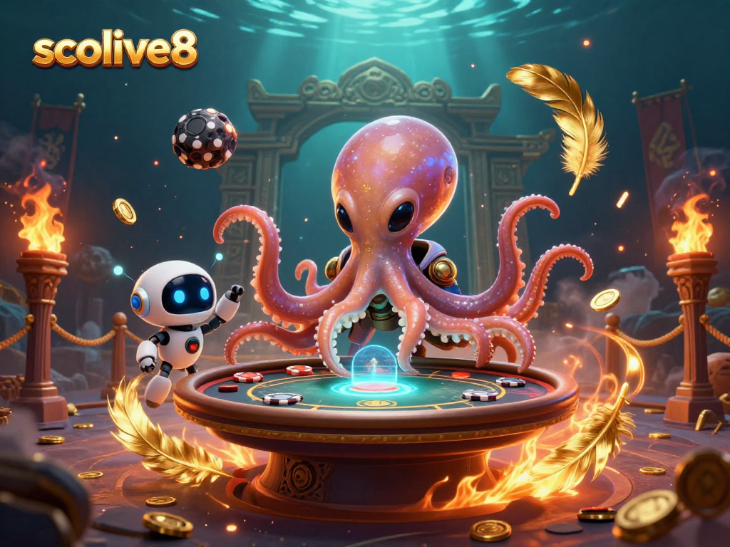 Socolive8's exciting alien octopus deals holographic poker with vibrant energy in a cosmic setting.