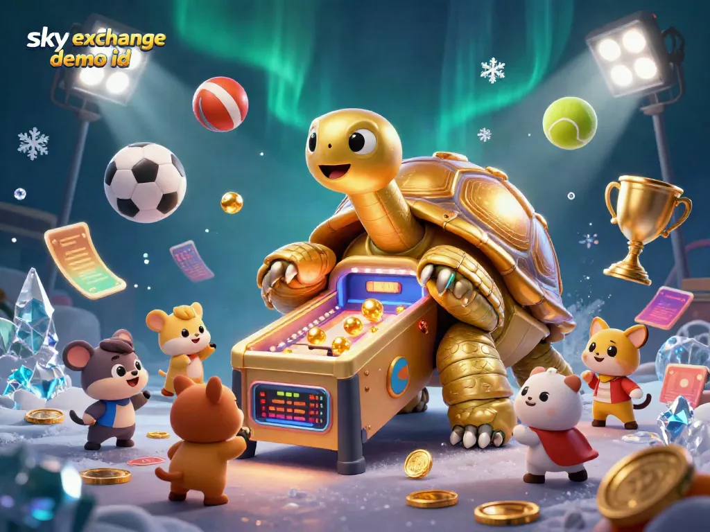 Experience the thrill of the sky exchange demo id with a vibrant 3D illustration of a golden tortoise pinball machine and dynamic sports elements.