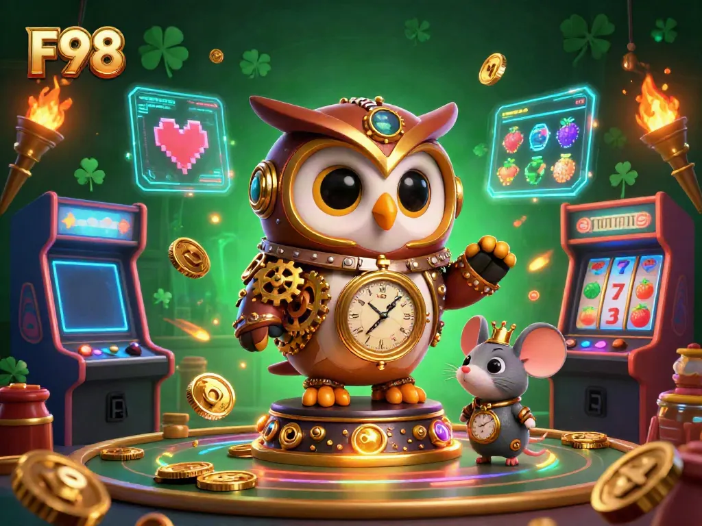 Experience the vibrant F98 casino scene with animated characters, slot reels, and glowing game elements.