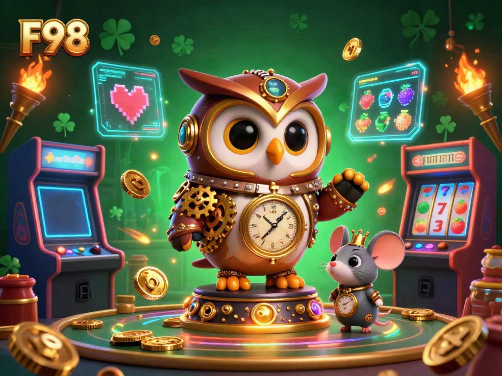 Experience the vibrant F98 casino scene with animated characters, slot reels, and glowing game elements.