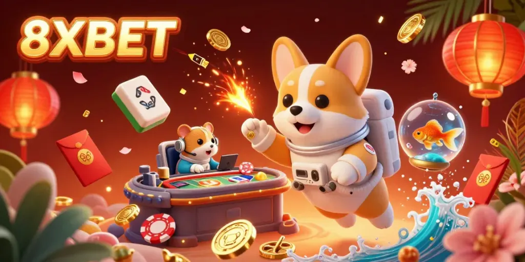 Engage with 8XBET in this vibrant space station casino scene featuring a floating astronaut corgi and dynamic casino elements.