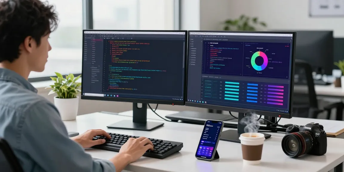 快连 software developer's workspace showcasing coding setup with dual monitors, coffee, and plants in a modern office.